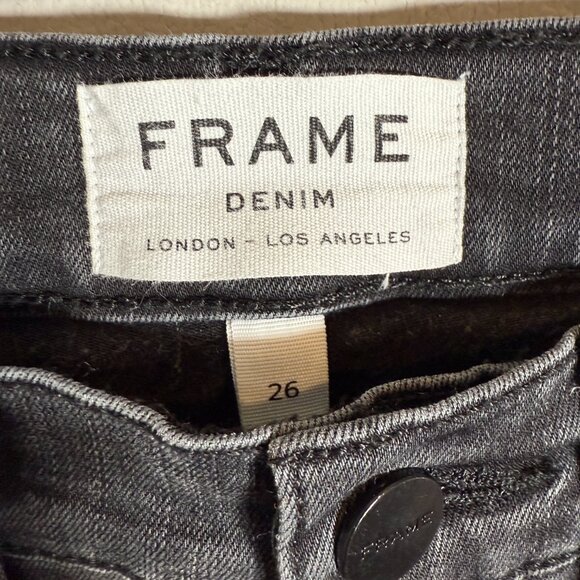 Frame Le High Straight Leg Denim Jeans Womens 26 Molony Black Distressed Raw Hem - Picture 9 of 16